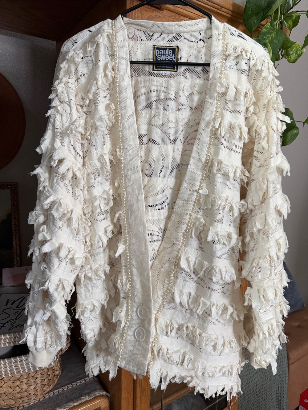 Cream Fringe Open-Front Cardigan-vintage